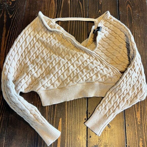 Windsor Tops - Windsor Women's Ivory Asymmetric Cropped Cable-Knit Sweater S